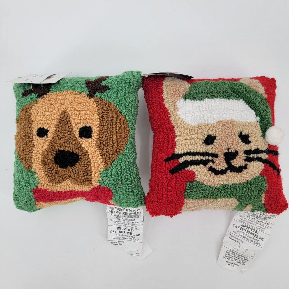 C&F Home Reindeer Puppy Christmas Kitty Hook/Punch Pillow Set of 2